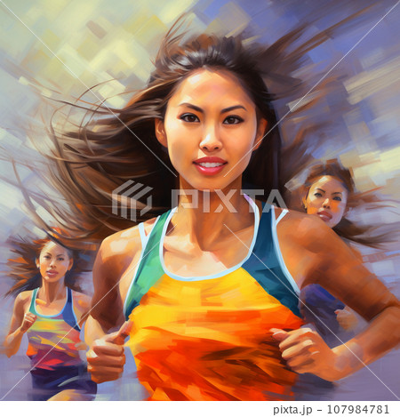 アジア人女性の陸上選手　油絵風イラスト　AI画像 107984781