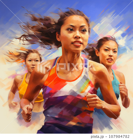 アジア人女性の陸上選手　油絵風イラスト　AI画像 107984782