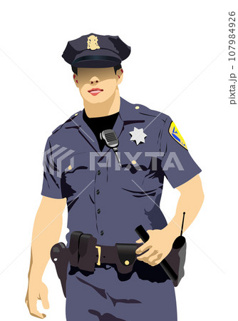Policeman with walkie-talkie radio. Vector 107984926
