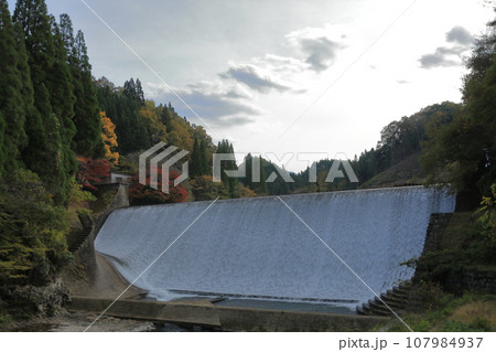 白いレースのような水が流れ落ちる竹田市白水ダムの美しい風景 107984937
