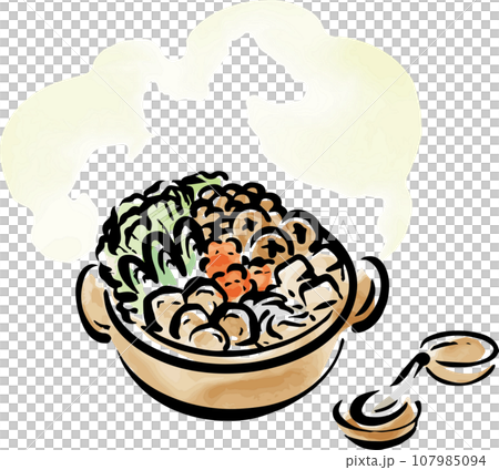 鍋　料理　日本食　墨絵　水墨画　水彩　手描き　イラスト素材 107985094