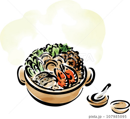 鍋　料理　日本食　墨絵　水墨画　水彩　手描き　イラスト素材 107985095