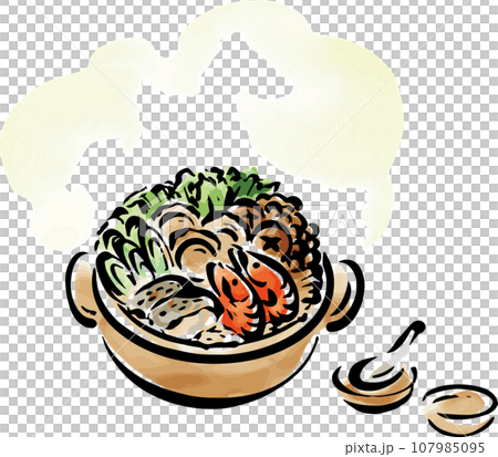 鍋　料理　日本食　墨絵　水墨画　水彩　手描き　イラスト素材 107985095