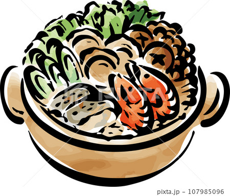 鍋　料理　日本食　墨絵　水墨画　水彩　手描き　イラスト素材 107985096