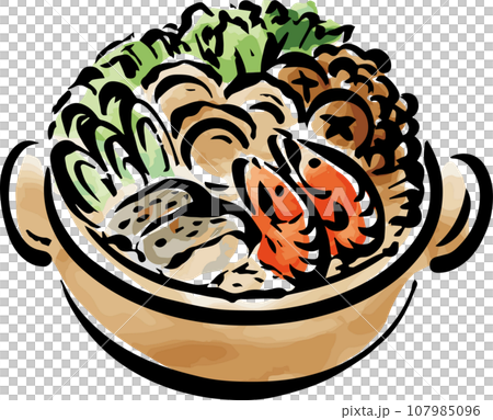 鍋　料理　日本食　墨絵　水墨画　水彩　手描き　イラスト素材 107985096