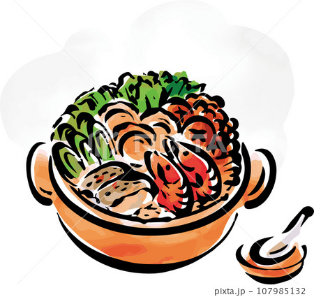 鍋　海鮮　料理　日本食　墨絵　水墨画　水彩　手描き　イラスト素材 107985132