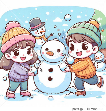 雪だるまを作る子供達 107985388