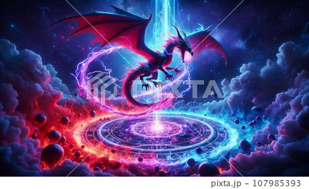 光の柱の中で舞う宇宙のドラゴン:星空のファンタジー 光の柱の中で舞う宇宙のドラゴン:星空のファンタジー 107985393