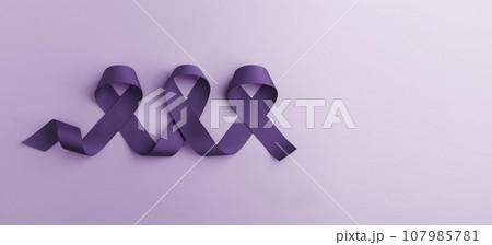 Cancer Awareness Concept. Global Community in Healthcare. World Cancer Day. Close up of Violet Ribbon. Top View 107985781