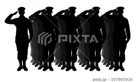 Soldiers are lining up, Salute soldiers, silhouette of saluting army soldiers, saluting military soldiers	 107985916