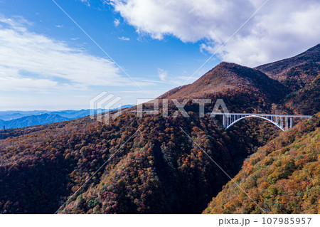 「栃木県」日光・秋の霧降高原と六方沢橋をドローンで空撮 107985957