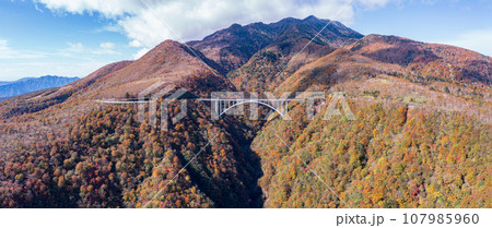 「栃木県」日光・秋の霧降高原と六方沢橋をドローンで空撮 「栃木県」日光・秋の霧降高原と六方沢橋をドローンで空撮 107985960
