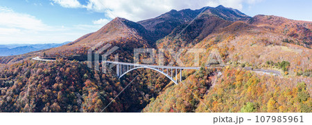 「栃木県」日光・秋の霧降高原と六方沢橋をドローンで空撮 107985961