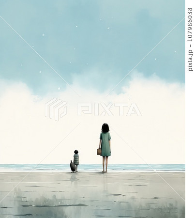 two children on the seashore look into the distance. view from the back. watercolor illustration 107986038
