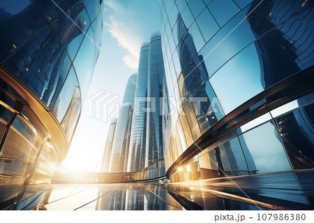 Futuristic architecture, showcasing a towering skyscraper with gleaming curved glass windows that reflect the urban landscape, portraying a vision of modernity and innovation.Created with Generative 107986380