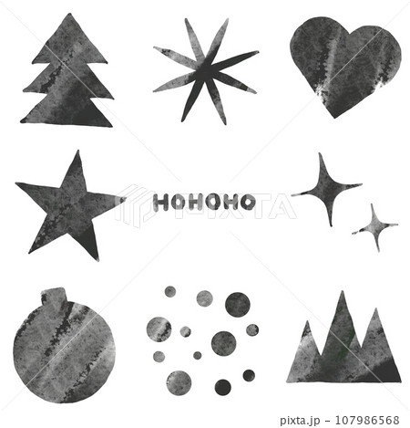クリスマスのイラスト シェイプ素材セット モノクロ水彩タッチ クリスマスのイラスト シェイプ素材セット モノクロ水彩タッチ 107986568