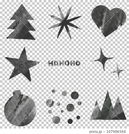 クリスマスのイラスト シェイプ素材セット モノクロ水彩タッチ クリスマスのイラスト シェイプ素材セット モノクロ水彩タッチ 107986568