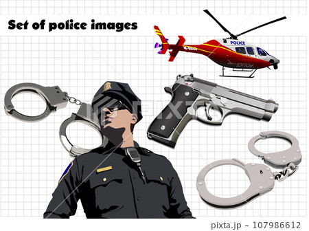 Set of police with policeman, helicopter, pistols and handcilffs images Set of police with policeman, helicopter, pistols and handcilffs images 107986612