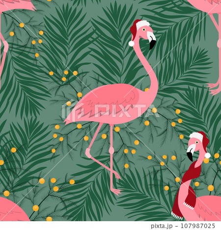 Seamless winter pattern with flamingo and pine tree.  107987025