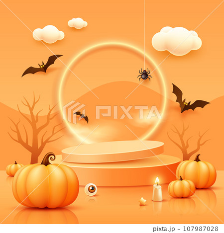 Halloween orange two podiums overlapped, pumpkins, candle and bat flying, trees, spider web, poster design on orange background 107987028