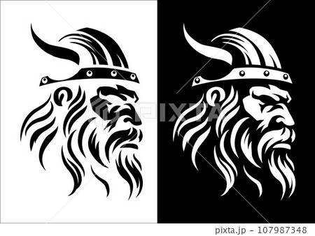 Viking Warrior Man Strong Mascot Face in Helmet Viking Warrior Man Strong Mascot Face in Helmet 107987348
