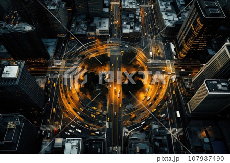 Abstract night cityscape background. Smart city, ai and digital transformation concept. Double exposure 107987490