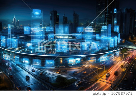 Abstract night cityscape background. Smart city, ai and digital transformation concept. Double exposure 107987973