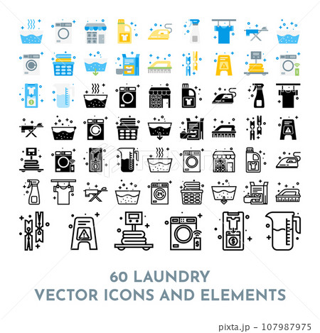 60 Vector Colored Washing Icons and Laundry Symbols in Flat Style 107987975