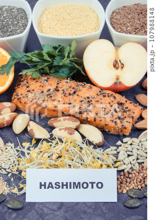 Inscription hashimoto with products and ingredients containing vitamins for healthy thyroid 107988148