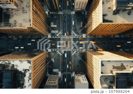 Abstract night cityscape background. Smart city, ai and digital transformation concept. Double exposure 107988204