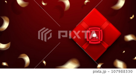 Banner with red box bow and confetti Banner with red box bow and confetti 107988330