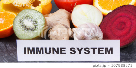 Inscription immune system with fruits and vegetables. Source vitamins, minerals and dietary fiber Inscription immune system with fruits and vegetables. Source vitamins, minerals and dietary fiber 107988373
