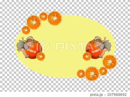 Oval label design of girl clinging to orange Oval label design of girl clinging to orange 107988692