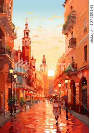Illustration of beautiful view of the city of Sevilla, Spain Illustration of beautiful view of the city of Sevilla, Spain 107989148