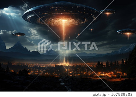 Aliens spaceships, Mystery ufo on sky, Generative AI 107989202