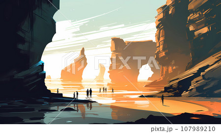 Illustration with a view of Playa de Las Catedrales, Spain 107989210