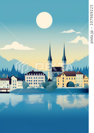 Illustration of beautiful view of Lucerne, Switzerland Illustration of beautiful view of Lucerne, Switzerland 107989225