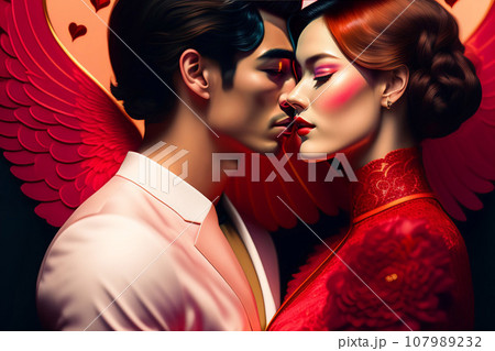 Illustration of people in a love relationship, red color of love Illustration of people in a love relationship, red color of love 107989232