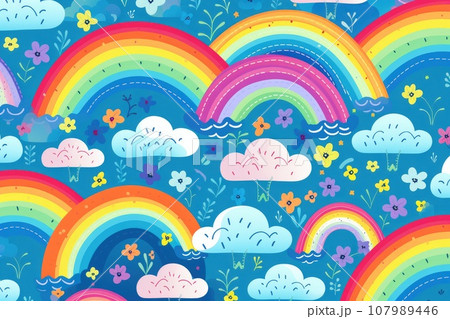 Cute rainbow on pattern background. Generative AI 107989446