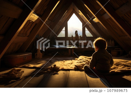 Attic bed room decorate for baby. Generative AI 107989675