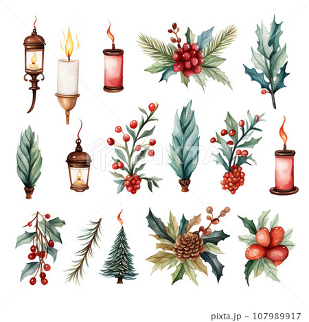 Set of isolated Christmas vintage ornament decoration in watercolor style. Generative AI. Set of isolated Christmas vintage ornament decoration in watercolor style. Generative AI. 107989917