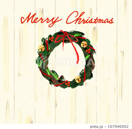 MERRY CHRISTMAS手書き文字、クリスマスリースにリボン、鈴の手描きのイラスト 107990002