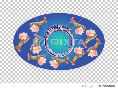Oval label design with celebrity fish scattered on pink jellyfish Oval label design with celebrity fish scattered on pink jellyfish 107990006