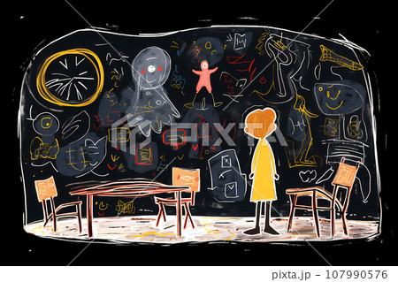 Little girl alone in a room, struggling with mental health issues. Childish drawing of one female student on a classroom looking at a blackboard filled with doodles 107990576