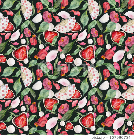 Watercolor seamless pattern with hand drawn traditional Japanese sweets. Wagashi, mochi, camellia flowers. Isolated on dark background. Invitations, restaurant menu, greeting cards, print, textile Watercolor seamless pattern with hand drawn traditional Japanese sweets. Wagashi, mochi, camellia flowers. Isolated on dark background. Invitations, restaurant menu, greeting cards, print, textile 107990754