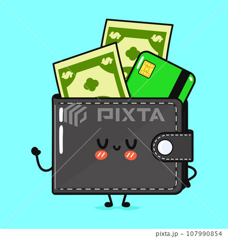 Cute funny Wallet with money and credit card waving hand. Vector hand drawn cartoon kawaii character illustration icon. Isolated on blue background. Wallet with money and credit card character concept Cute funny Wallet with money and credit card waving hand. Vector hand drawn cartoon kawaii character illustration icon. Isolated on blue background. Wallet with money and credit card character concept 107990854