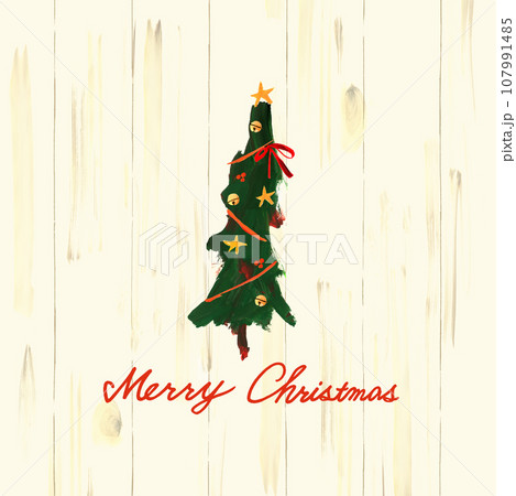 MERRY CHRISTMAS手書き文字、クリスマスツリーにリボン、星などの手描きのイラスト MERRY CHRISTMAS手書き文字、クリスマスツリーにリボン、星などの手描きのイラスト 107991485