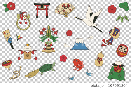 正月、年賀状の装飾素材セット、ベクター 正月、年賀状の装飾素材セット、ベクター 107991804