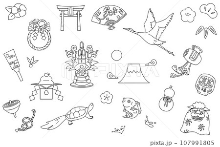 日本の正月装飾素材、手書きの線画セット、ベクター 日本の正月装飾素材、手書きの線画セット、ベクター 107991805