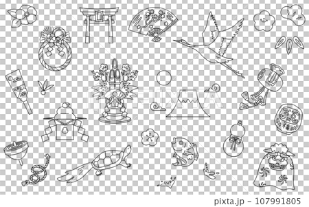 日本の正月装飾素材、手書きの線画セット、ベクター 日本の正月装飾素材、手書きの線画セット、ベクター 107991805